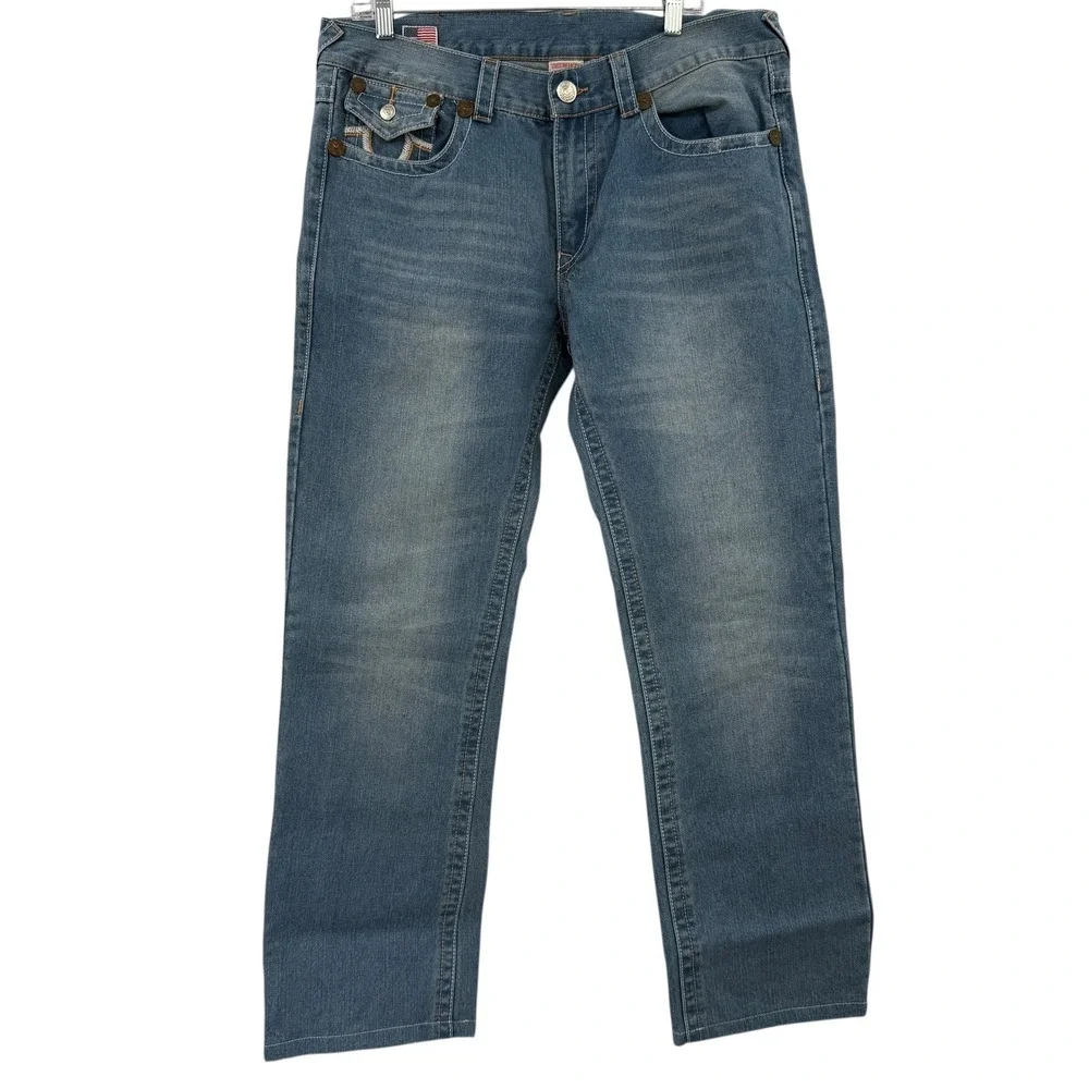 True Religion Brand Jeans Mens Size 36 Straight Leg Blue Denim Classic U‎ Logo
